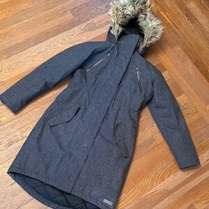 Merrel Gray Plaid Hooded Parka with Faux Fur Trim